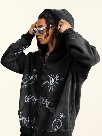 Street Graffiti Spray Print Zip Up Hoodie 