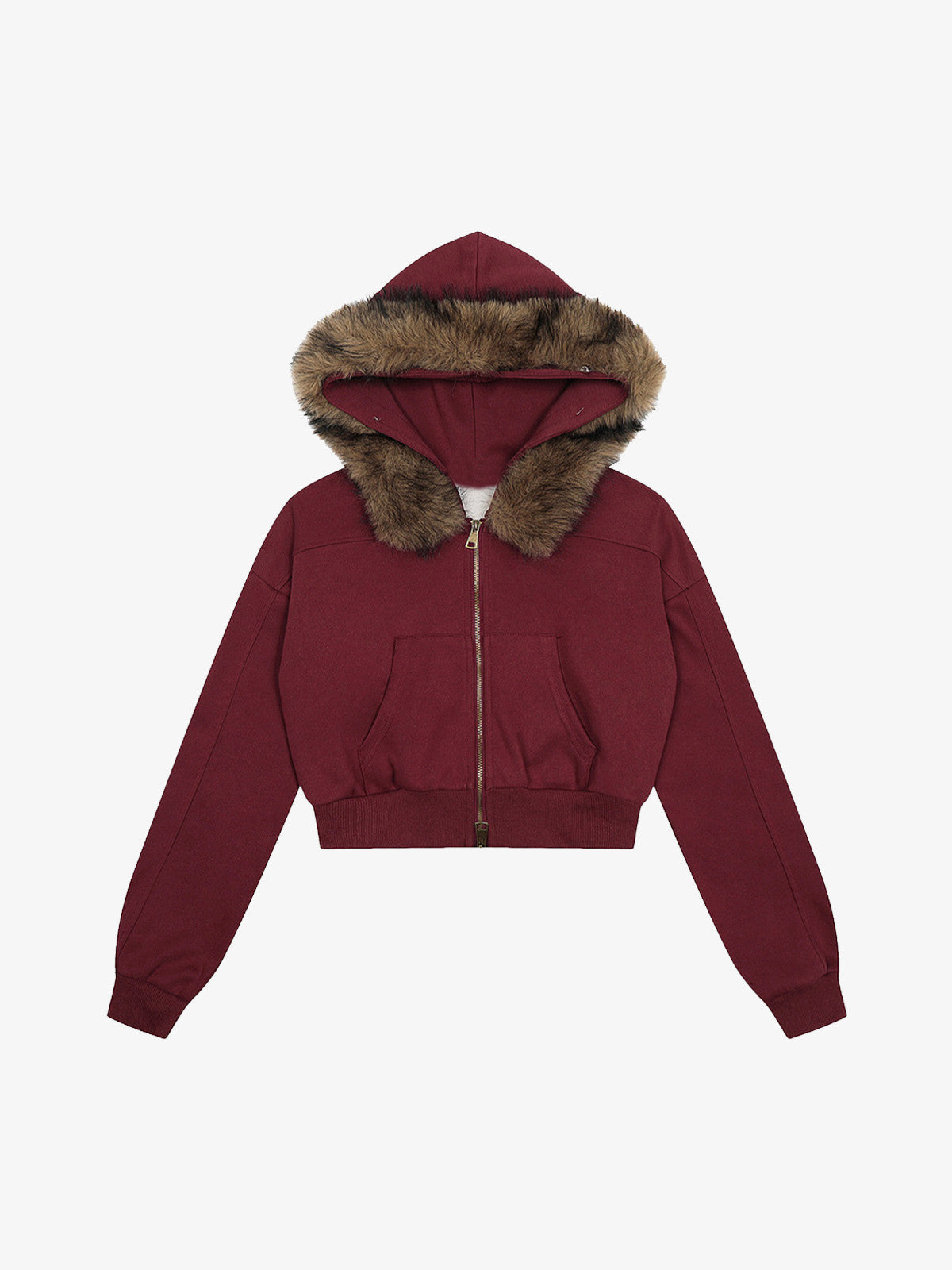 Retro Detachable Fur Collar Cropped Hooded Sweatshirt
