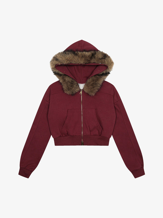 Retro Detachable Fur Collar Cropped Hooded Sweatshirt