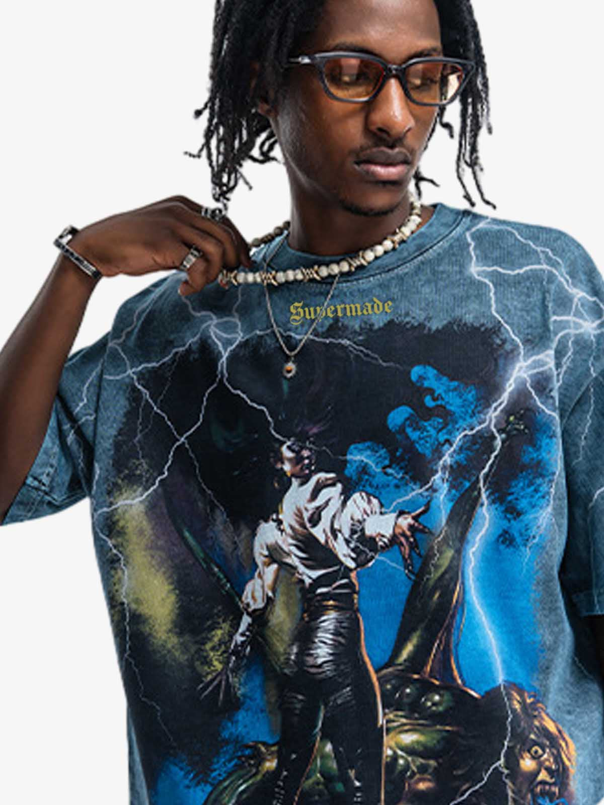 300G Jade Pattern Dyed Cotton T-Shirt with Lightning Graphic Print Oversized Streetwear Tee?