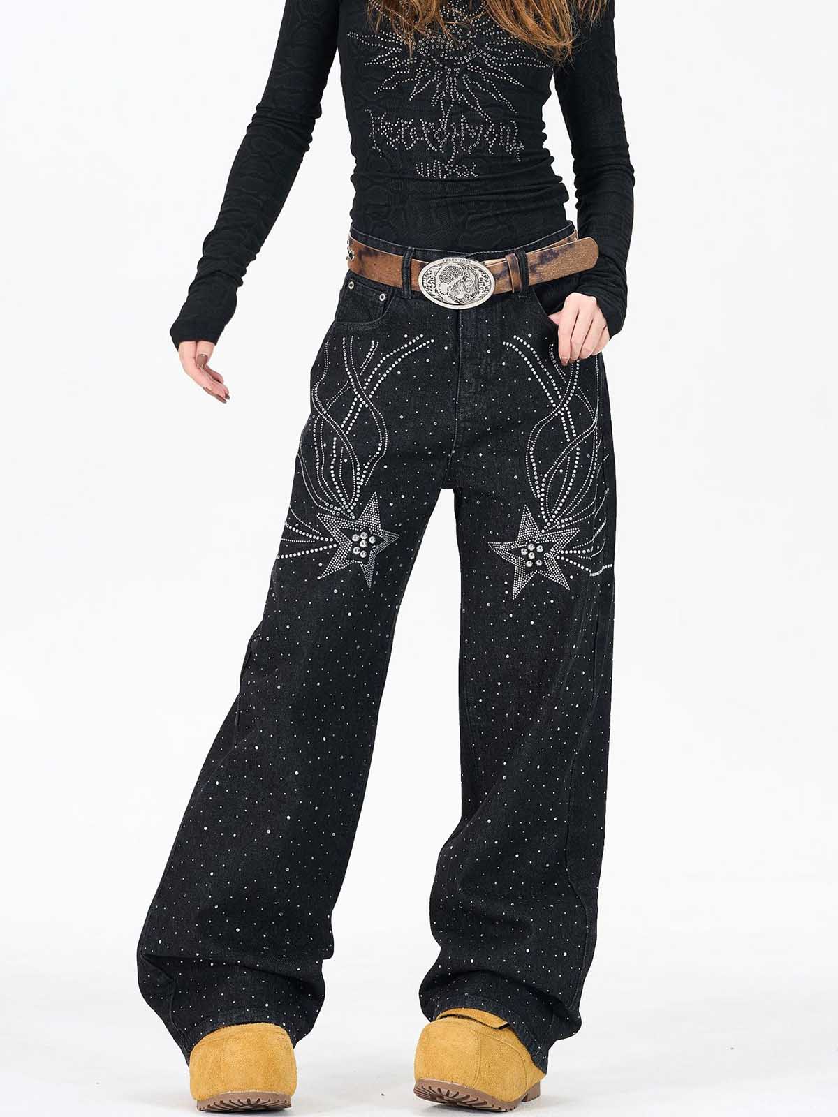 Star Rhinestone Embellished Baggy Jeans 