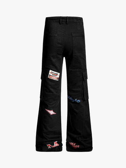 Retro Patchwork Graphic Multi-Pocket Flared Cargo Pants 