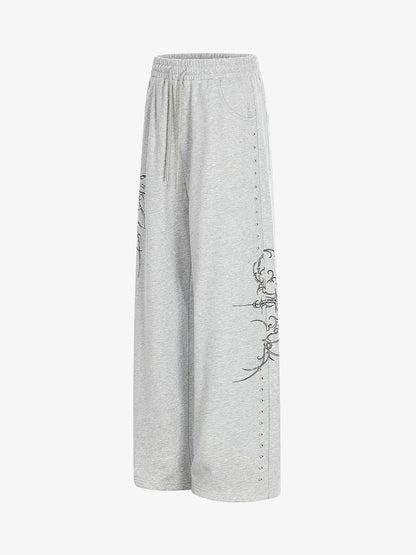 Floral Line Art Studded Wide Leg Drawstring Sweatpants