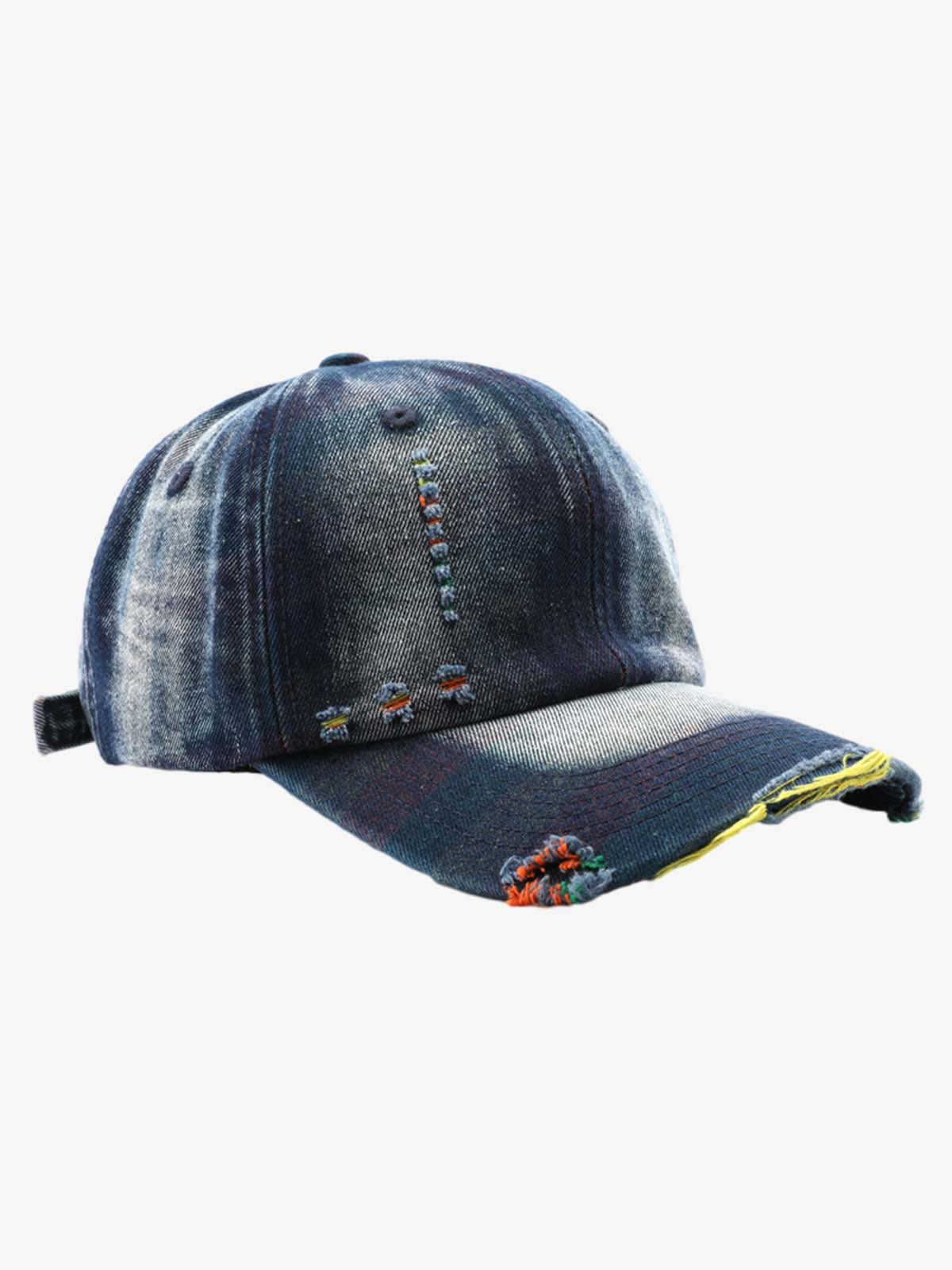 Denim Baseball Cap with Distressed Design and Colorful Stitching for Casual Wear?