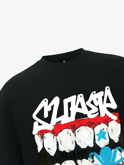 Oversized Flame Logo Skull Print T-Shirt with Ripped Hem 