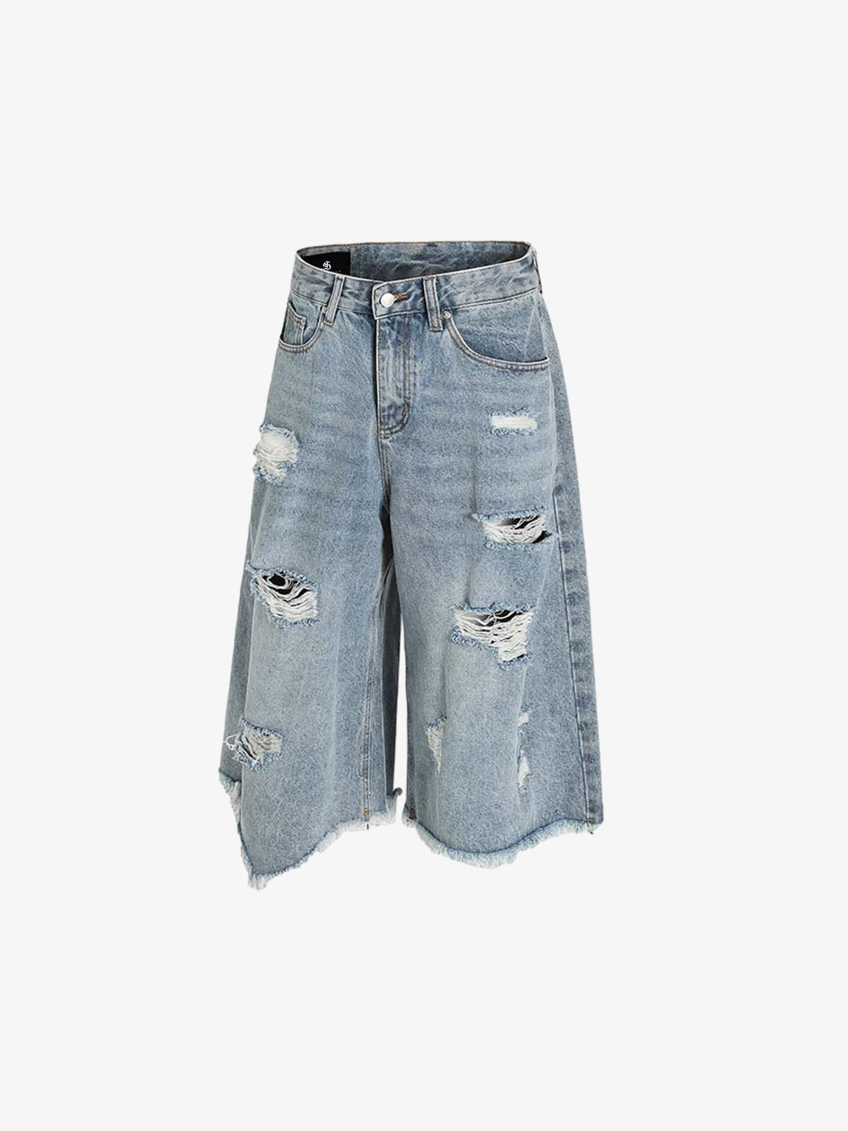 Denim Wide-Leg Cropped Pants with Distressed Rips and Frayed Hem?