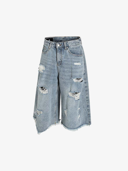Denim Wide-Leg Cropped Pants with Distressed Rips and Frayed Hem?