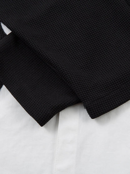 Cotton Blend Short Sleeve Shirt with Black Flame Print Long Sleeve Insert, Stylish Contrast Design for Men and Women?