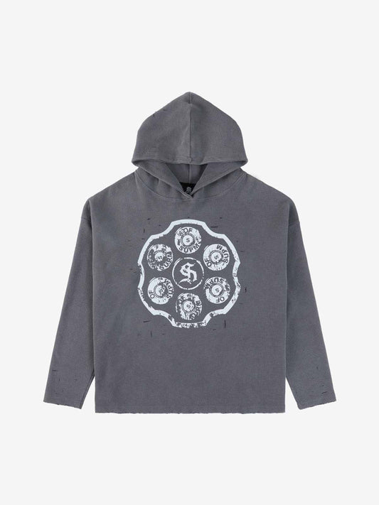 Supermade Waffle-Knit Distressed Button-Pattern Hoodie?