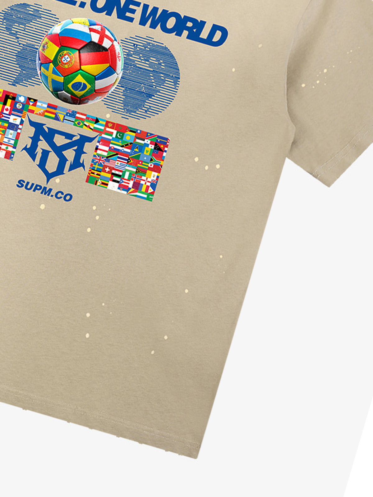 Unisex distressed loose-fitting cotton short-sleeved T-shirts featuring a "One ball, one world" slogan print and an ink-splatter wash finish. 