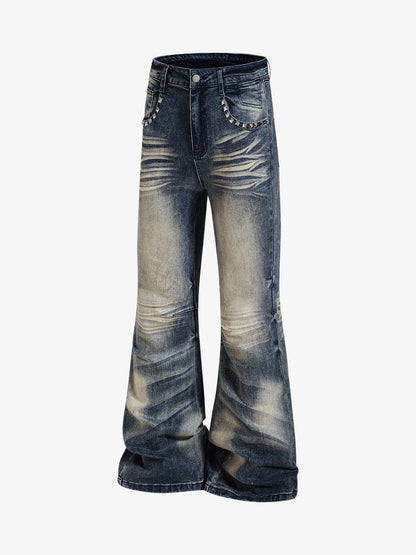 Denim Wide-Leg Flared Jeans with Stud Details for Women?