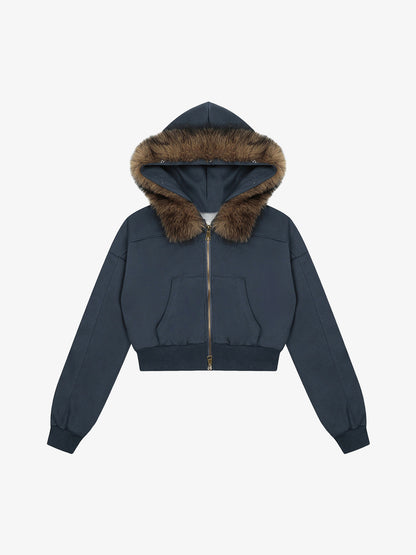 Retro Detachable Fur Collar Cropped Hooded Sweatshirt