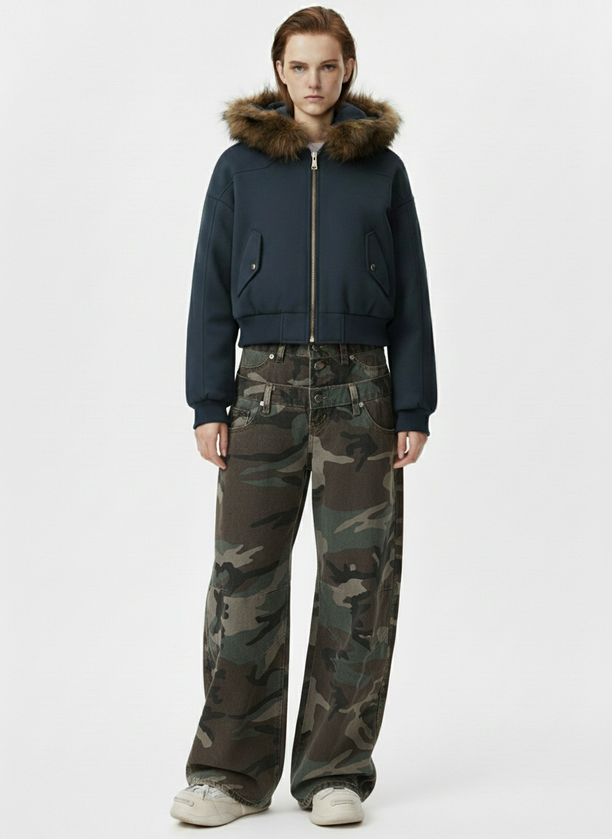 Retro Double Waist Camouflage Barrel Jeans