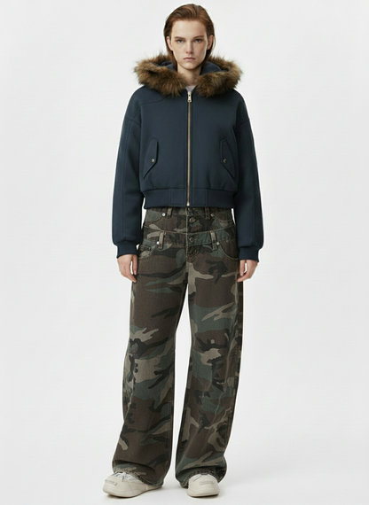 Retro Double Waist Camouflage Barrel Jeans