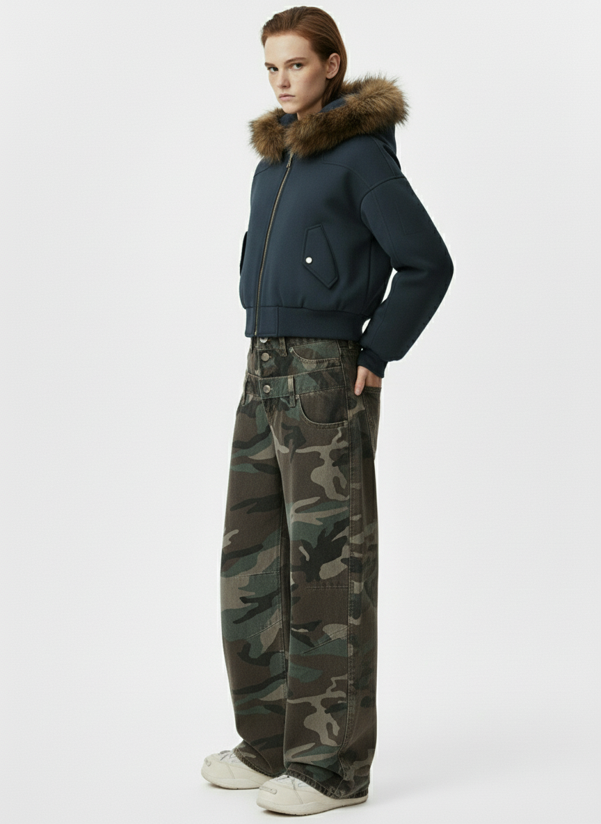 Retro Double Waist Camouflage Barrel Jeans