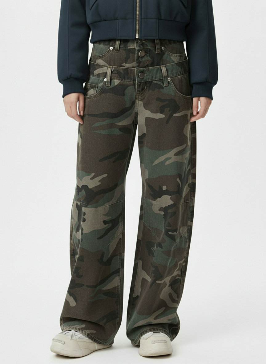 Retro Double Waist Camouflage Barrel Jeans