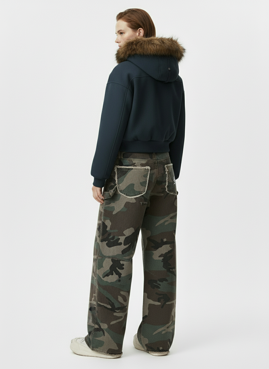 Retro Double Waist Camouflage Barrel Jeans