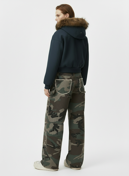 Retro Double Waist Camouflage Barrel Jeans