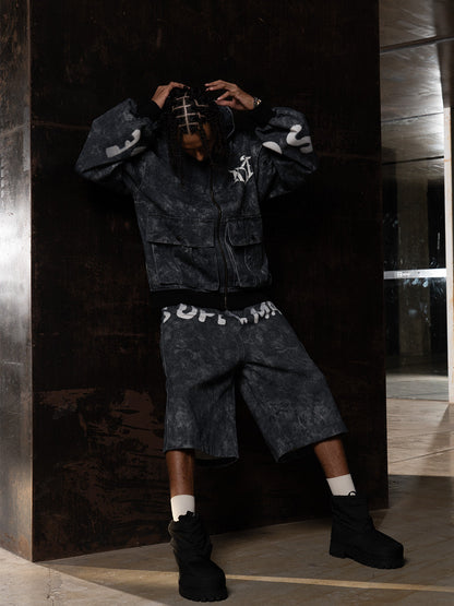Oversized Denim Hoodie And Shorts Set For Urban Streetwear 
