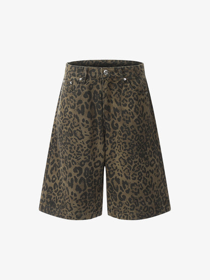 Cotton Leopard Print High-Waisted Wide-Leg Shorts for Women 
