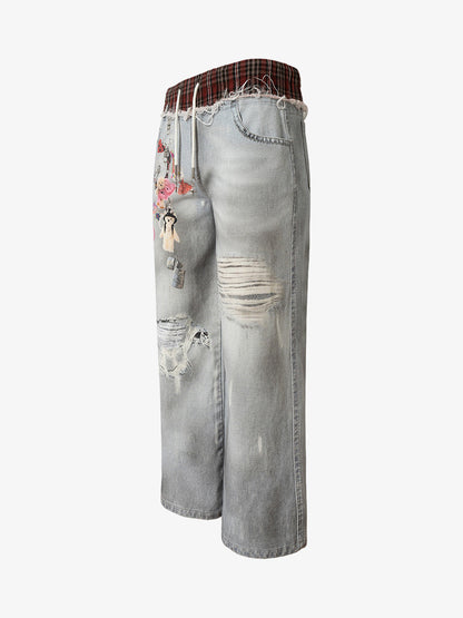 Thesupermade Waistband Patch Drawstring Jeans 