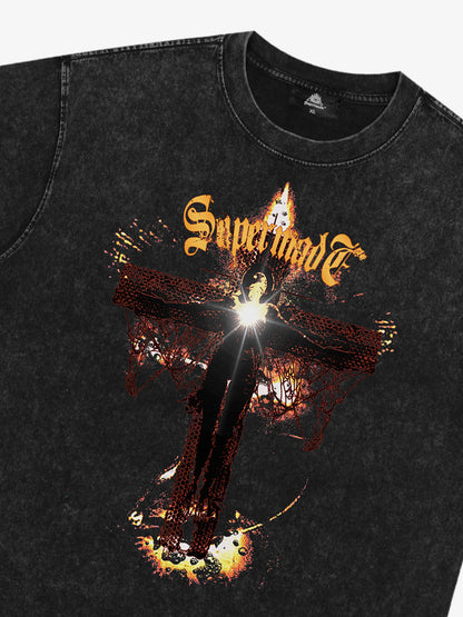 THE SUPERMADE Gothic Flame Cross Graphic T-Shirt for Bold Statement Wear 