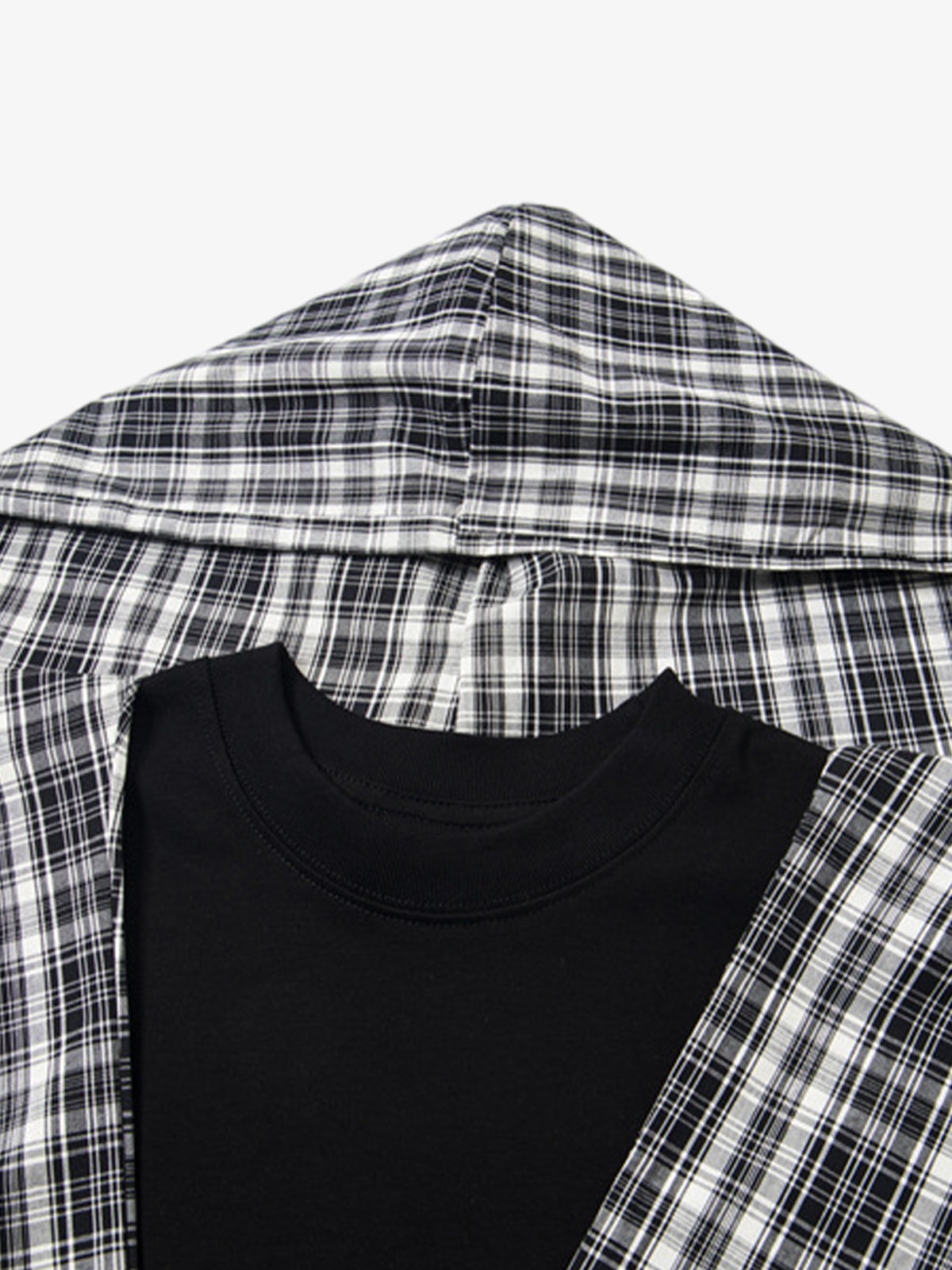 Detachable Badge Hooded Plaid Cape T-shirt 