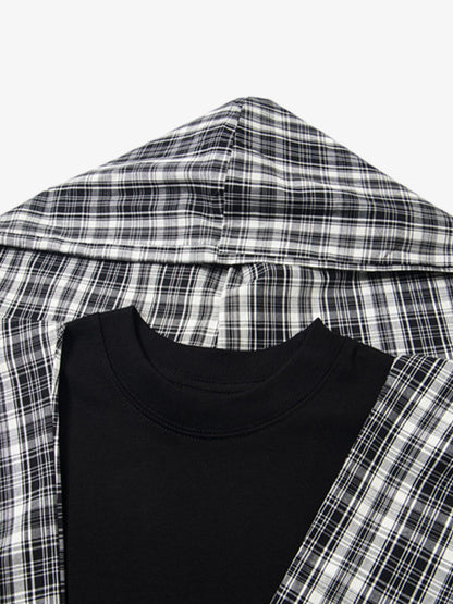 Detachable Badge Hooded Plaid Cape T-shirt 