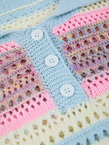 Knitted Striped Polo Shirt for Kids with Colorful Horizontal Patterns and Breathable Design 