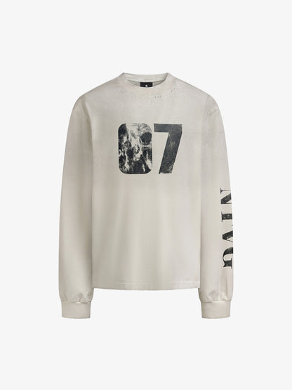Cotton Long Sleeve Graphic Tee with Distressed 07 Print and NYC Sleeve Detail 