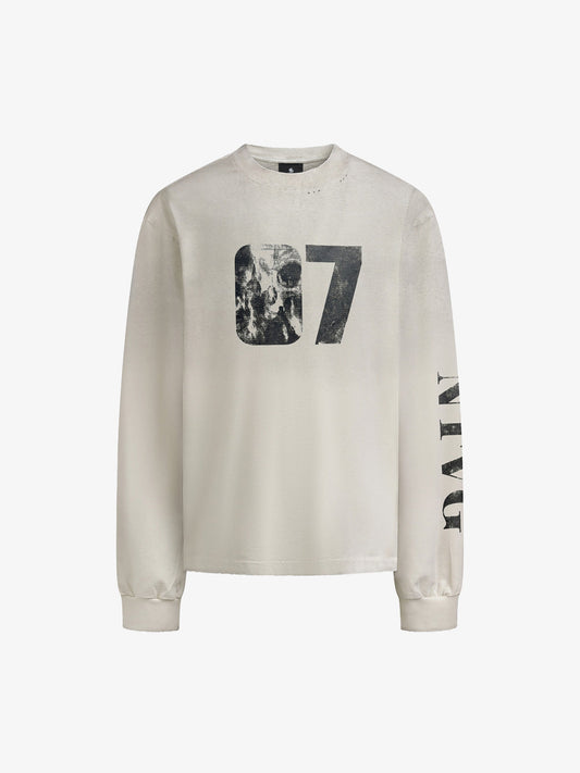 Cotton Long Sleeve Graphic Tee with Distressed 07 Print and NYC Sleeve Detail 
