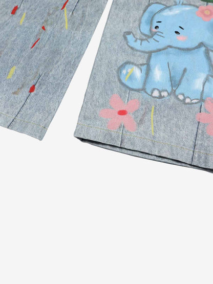 Denim Painted Animal Print Wide Leg Jeans with Cartoon Cat Dog Design?