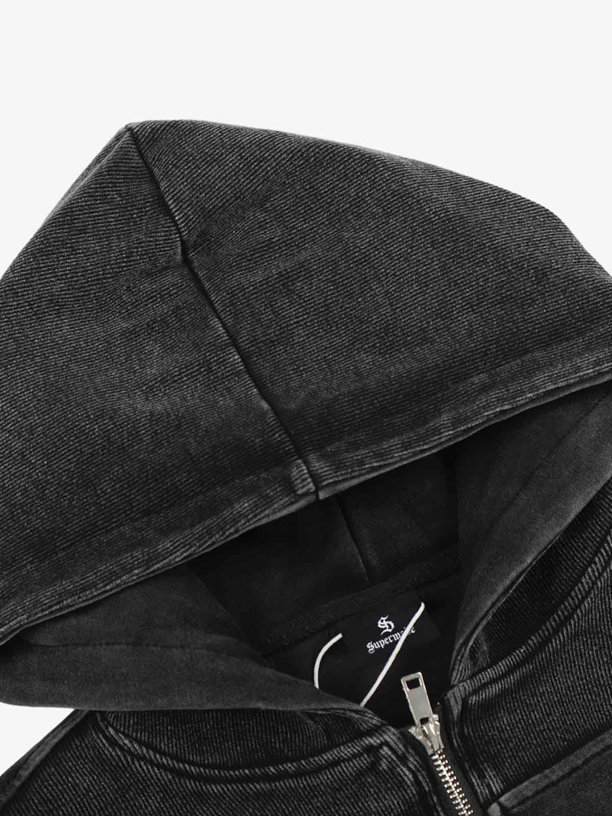 Vintage Washed Panel Construction Zip-Up Hoodie