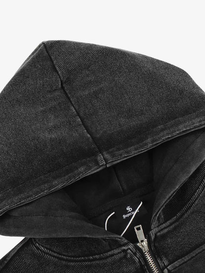Vintage Washed Panel Construction Zip-Up Hoodie