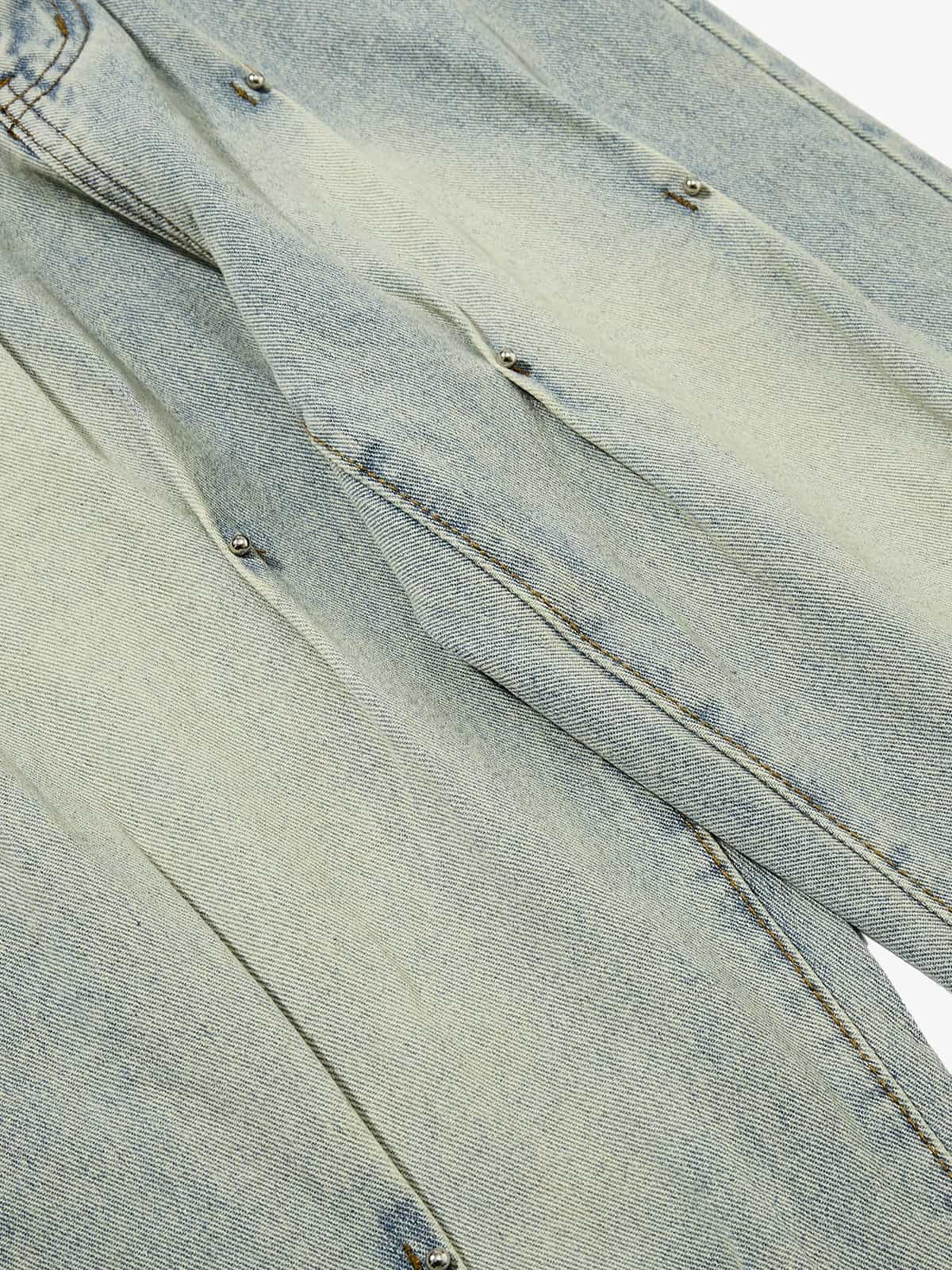 Denim Wide Leg Pants with Distressed Wash and Metal Studs?