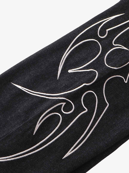 Denim Wide-Leg Pants with Flame Stitch Design High-Waisted Relaxed Fit 