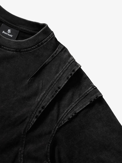 Cotton Blend Oversized T-Shirt with Distressed Denim Panels and Minimalist Logo Design?