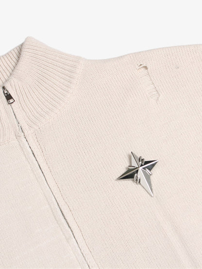 Stylish Star-Embellished Zip-Up Knit Sweater for Casual Elegance 