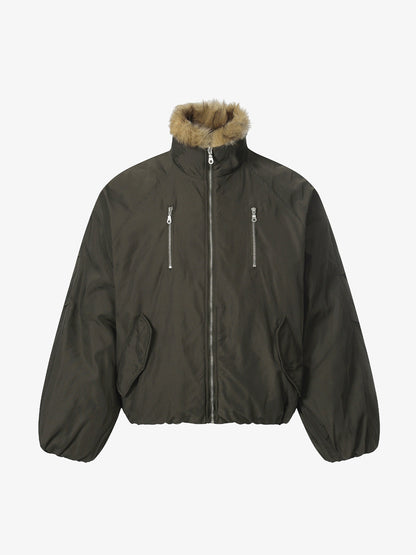 Thesupermade American Street Zipper Design Mountain Carved Fur Collar Quilted Cotton Jacket 