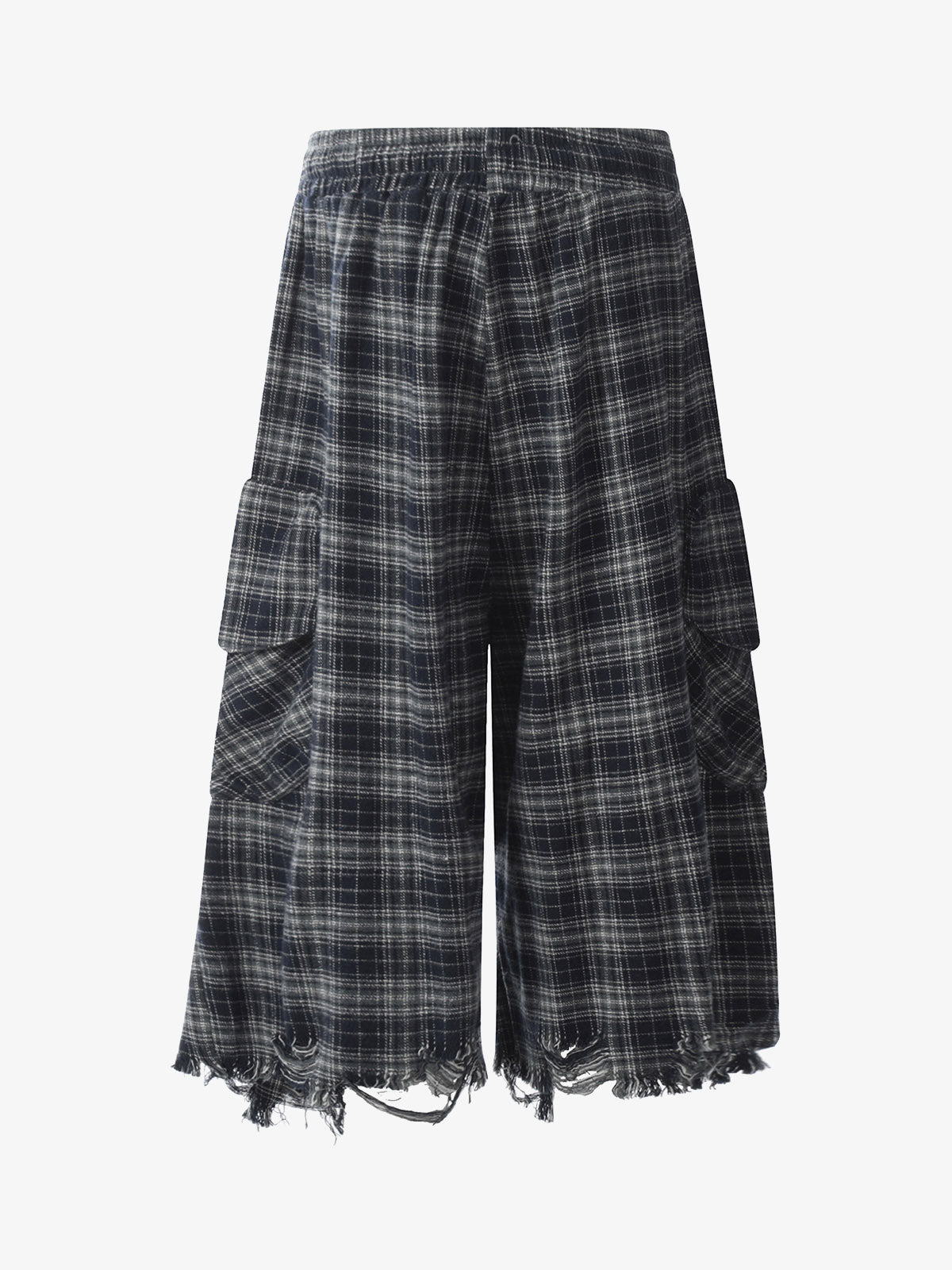 Cotton Plaid Wide Leg Culottes with Frayed Hem and Cargo Pockets?