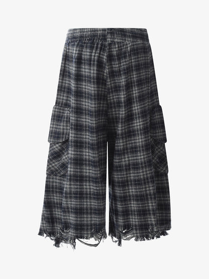 Cotton Plaid Wide Leg Culottes with Frayed Hem and Cargo Pockets?