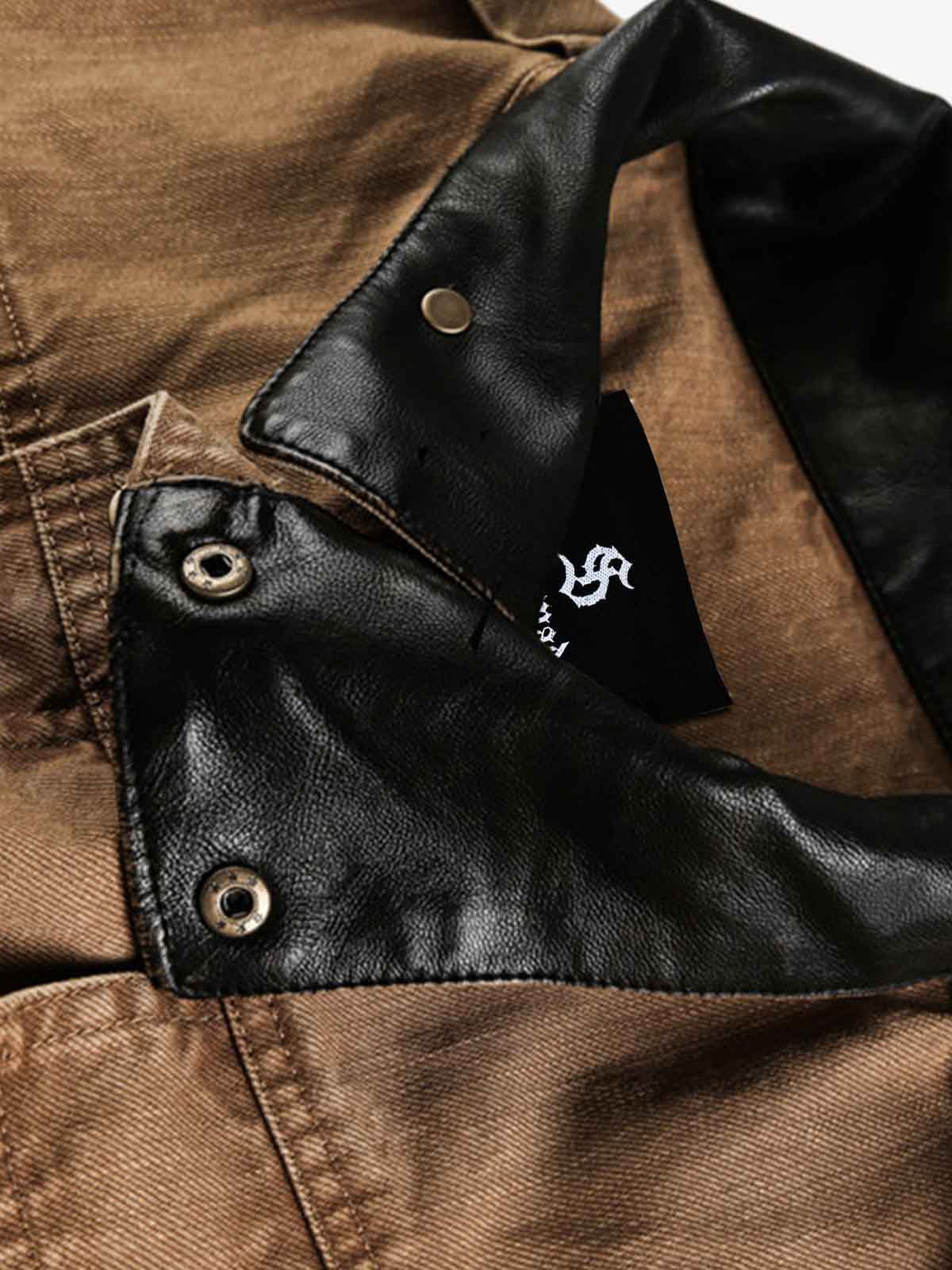 Leather Contrast Fold-Over Collar Multi Pocket Jacket