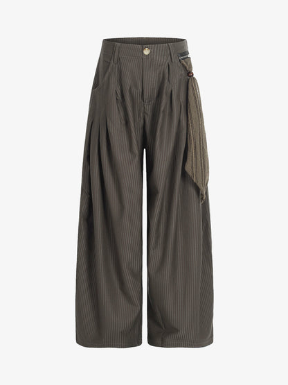 Pinstripe Pleated Wide Leg Trousers with Side Strap Detail