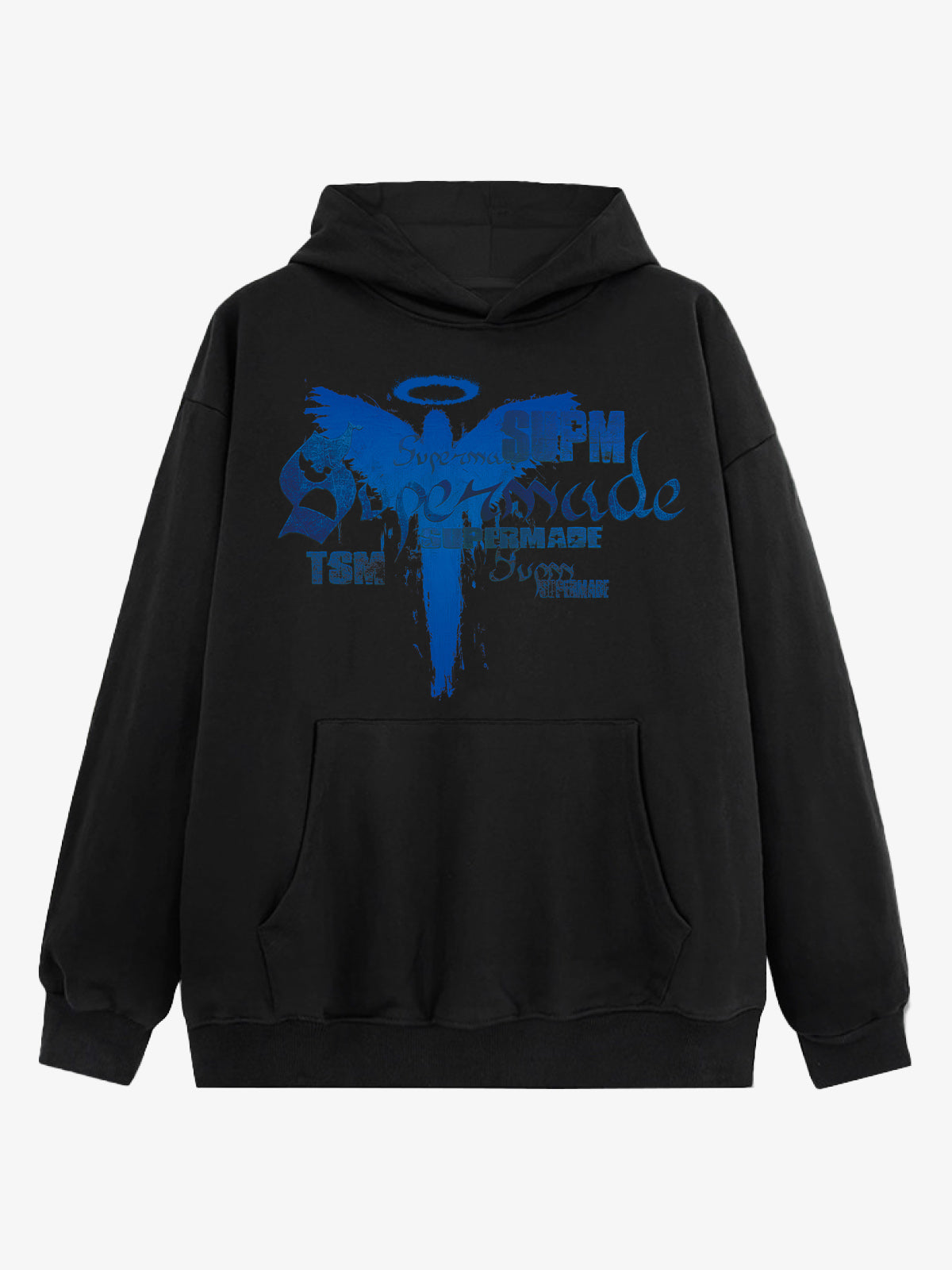 THE SUPERMADE A distressed trend print pattern hoodie that combines angel wings and gothic font elements 