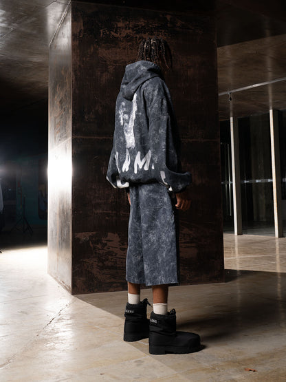 Oversized Denim Hoodie And Shorts Set For Urban Streetwear 