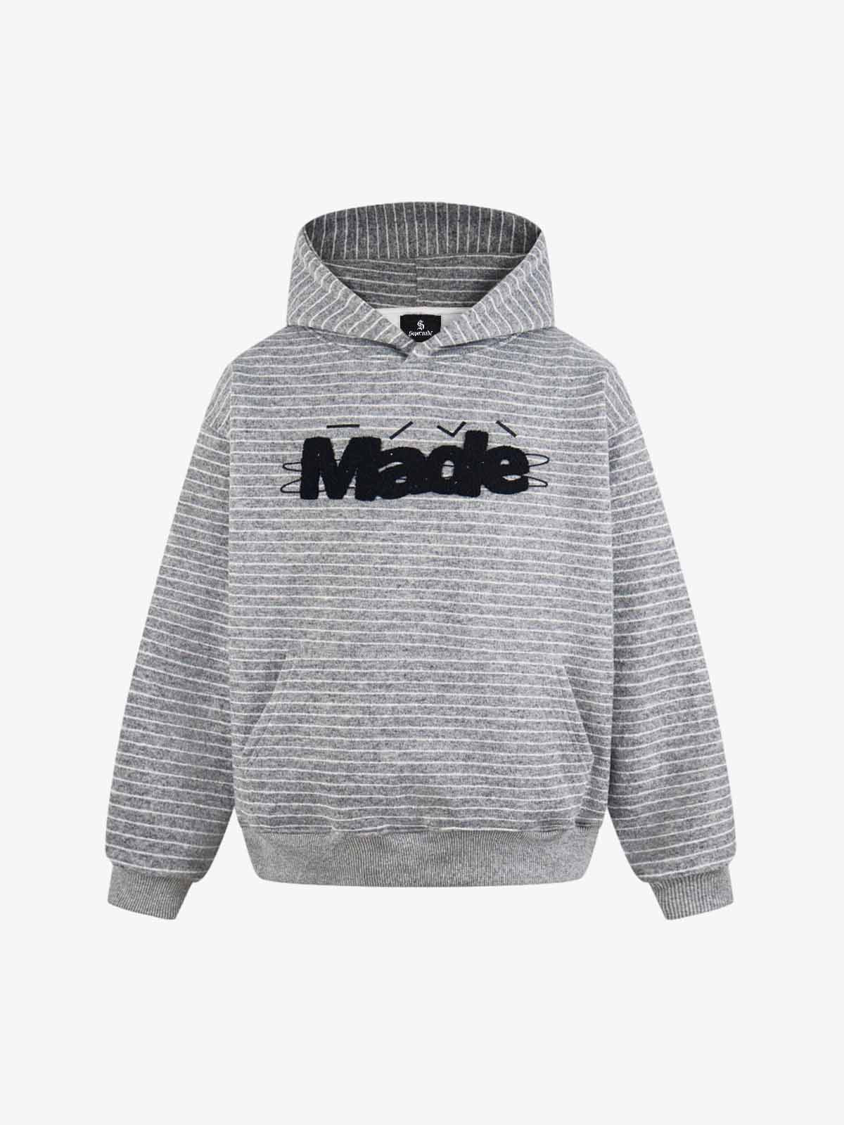 Cotton Blend Striped Hoodie with Embroidered "Made" Design for Men and Women 