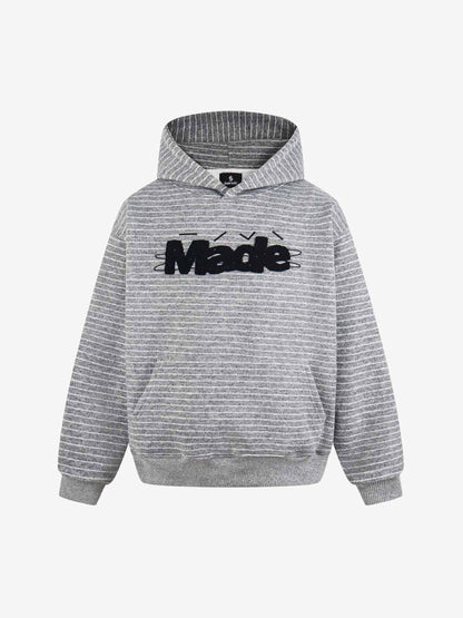 Cotton Blend Striped Hoodie with Embroidered "Made" Design for Men and Women 
