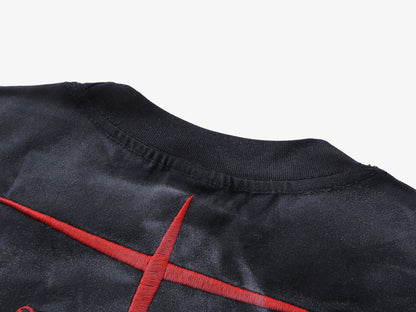 Cotton Oversized T-Shirt with Distressed Print and Cross Design for Streetwear Style?