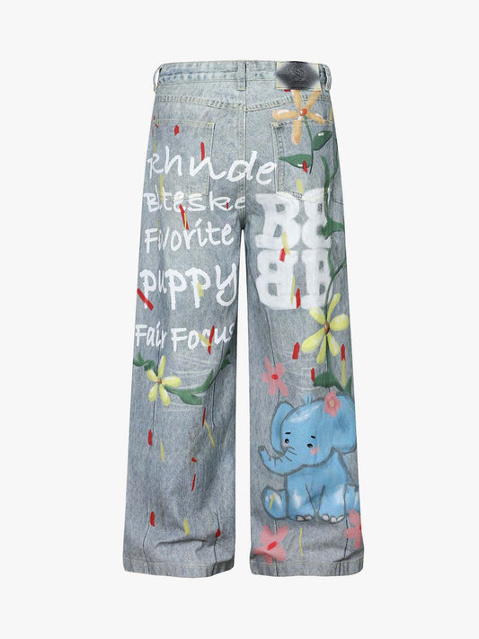 Denim Painted Animal Print Wide Leg Jeans with Cartoon Cat Dog Design?