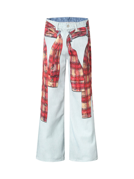 Plaid Print Baggy Jeans 